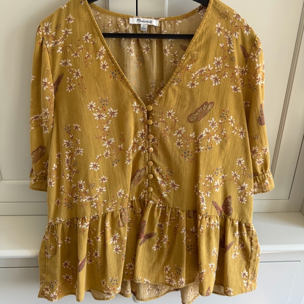 Madewell Mustard Floral Button-Front Peplum Blouse